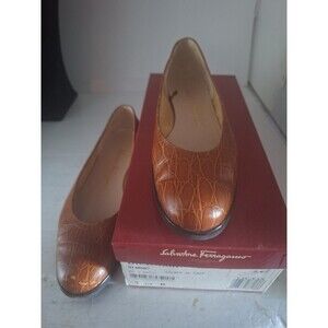 Salvatore Ferragamo Embossed Brown Leather Ballet Flats Size 8